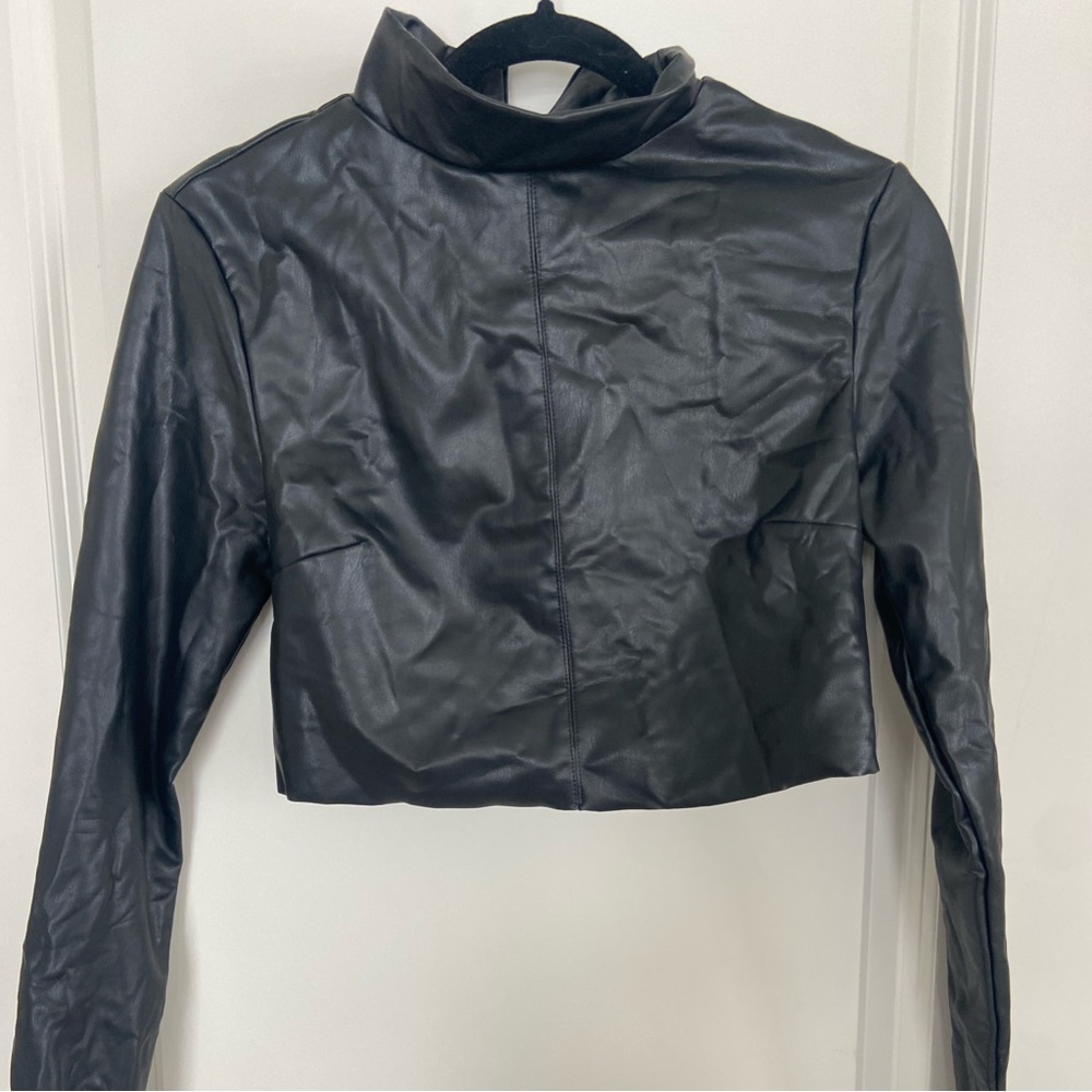 Cropped Pleather Turtle-Neck Top